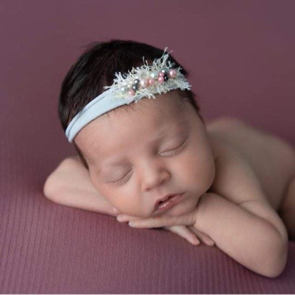 cream beaded baby headband , ivory baby headband,Gray pink dainty headband,pearls lace newborn headband