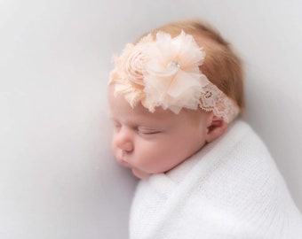 Peach baby headband, lace peach  photo prop headband, tulle peach newborn  headband