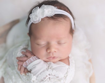 Baby headband Baptism white headband,Christening white headband,Newborn Props ,Dainty white headband,Newborn headband