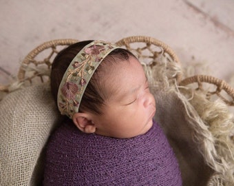 Sage purple baby headband ,Embroidered baby headband RTS sage headband,Newborn  green headband,Unique photo props