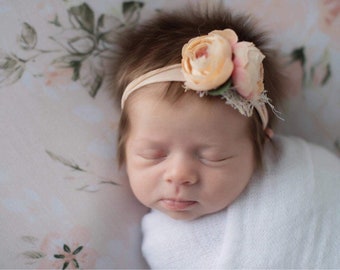 Peach floral baby headband,Newborn peach headband,Floral headband,Newborn floral headband,Peach blush baby headband ,Peach photo prop bow