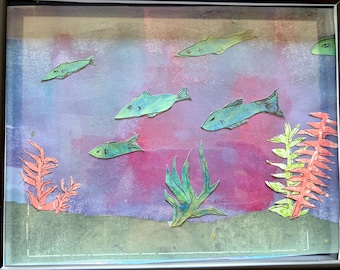 Aquarium: Under Glass. 6 x 10 framed whimsical view under the sea. Monoprinted collages papers of fish and coral