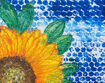 Turn Toward The Sun. Sunflower, 8 x 8 acrylic textural painting.