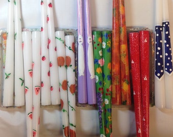 All occasion candles, Holiday candles, Halloween, Christmas, St. Pat's & Valentine, Easter, hand painted taper candle sets of 2 each.