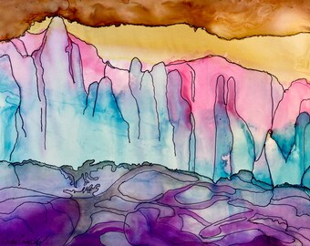 Caverns and crevices, rock formations, stylized mountain art, 8.5 x 11 alcohol ink and marker on photo paper with UV sealant