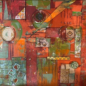Modern Hieroglyphics, 11 x 14 monoprint acrylic collage, bright colored painting, geometric painting, contemporary painting, mixed media art