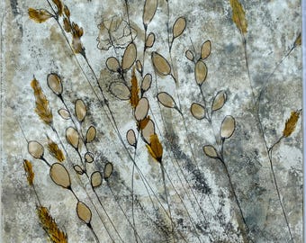 May include: A rectangular wall art piece featuring a textured, mottled background in shades of gray, beige, and white. The artwork displays a botanical illustration of tall, slender grasses and seed pods rendered in black ink with golden-brown accents.