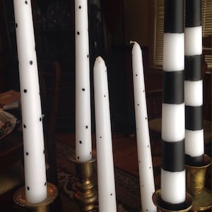 Black and white candles. A pair of two candles, Black tie affair! Formal event. Striped candles, dotted candles, heart candles. Set of two.