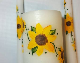 Sunflower pillar candle and matching tapers,  sunflower candle trio, set of three sunflower décor, wedding candles, Summer candles