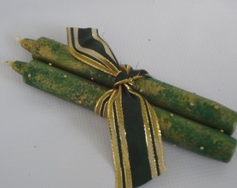 St. Patrick's Day candles, pair of two Christmas taper candles, Thanksgiving taper candles, hand painted green and gold candles