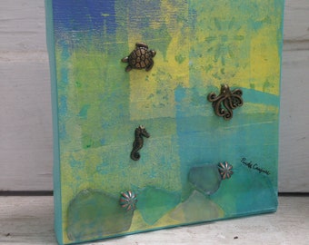 Sea decor, nautical decor, octopus art, sea art, sea horse art, ocean art, sea turtle art, mixed media collage, Sea glass garden.