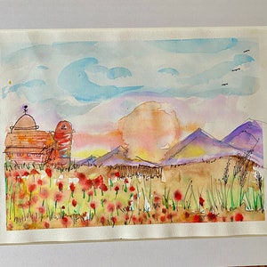 Barn scene, with mountains  at sunset. Homestead, farm watercolor. 15 x 12 original  rural lanscape matted in white and framed in black.