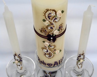 Unity candle, customizable wedding candle, special occasion candle, hand painted and embellished candles with coordinating candle holders