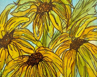 Wilting Sunflowers. Intense alcohol Inks on Yupo paper. Acid free white mat.