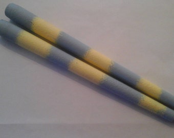 Striped candles, spring candles, pair of two  Easter candles, hand painted yellow and blue striped, pastel stripes, ombre candles