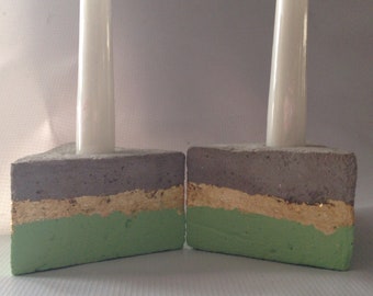 2 Triangular concrete candle holders, gilded cement candle holders, contemporary candle holders, minimalist candle holders, industrial decor