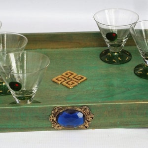 Celtic inspired serving tray & 5 matched Mini Martini glasses, Olive with pimento hand painted on the front of each glass. Bar ware