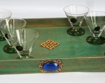 Mini Martini glasses set of 5, Olive with pimento  hand painted on the front of each glass. wooden serving platter, Bar ware set