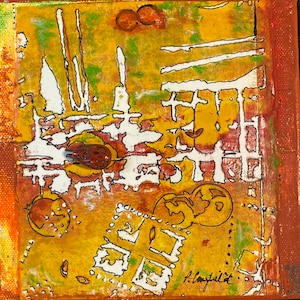 Global Warming. 6 x 6 gallery wrapped mixed media collage, fall colors, Autumn colors, acrylic monoprint collage, beads, oil pastels, pen