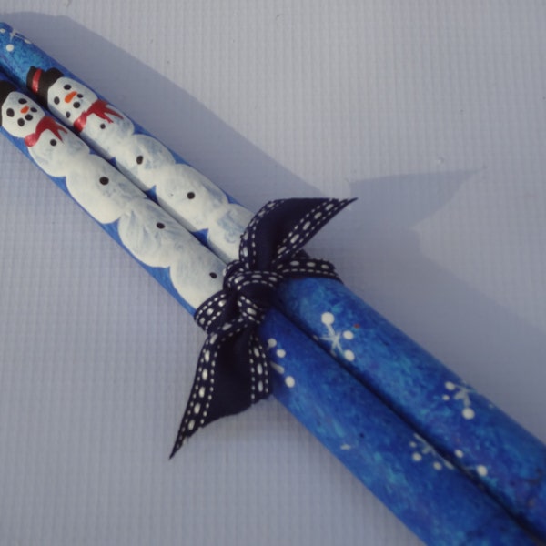 Snowman candles. Snowman decor, 2 snowman taper candles, hand painted Christmas candles, winter decor, winter candles