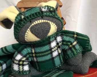 Plaid Baby blanket, bunny hug blanket, stuffed rabbit toy and lovey, unique security Blanket for baby stroller or car seat, made in Canada