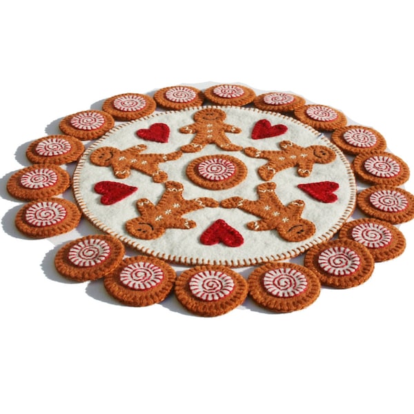 Christmas applique pattern, PDF candle mat, hand embroidery sewing, Gingerbread man Penny Rug, instant download