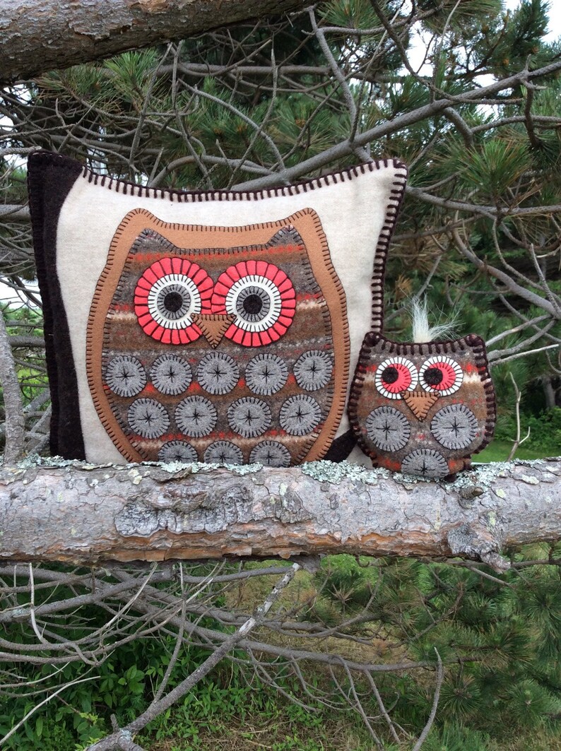 Owl Art Wool Applique Decorative Pillow Owl Gift Cottage Etsy