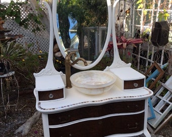 CUSTOM ORDER- Sold, don't buy. Bathroom Vanity, Vintage, Upcycled, Farmhouse,  Cottage Chic, White, Dresser, Mirror,  Mother of Pearl