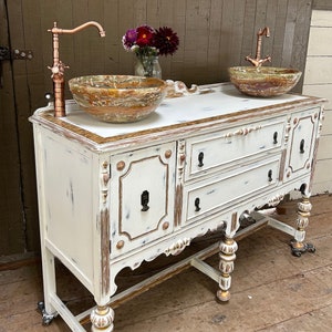 CUSTOM ORDER, Sold, Vintage, Sideboard, Bathroom Vanity, Shabby Chic, Farmhouse, White, Onyx, Vessels, Copper, Mother of Pearl Tile, Mosaic