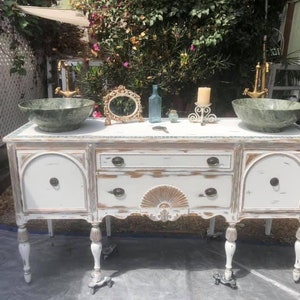 PEDIDO PERSONALIZADO, VENDIDO, Penteadeira de banheiro, Vintage, Shabby Chic, Fazenda. Pia dupla, Vasos, Madrepérola, Mosaico, Branco, Verde