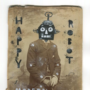 ROBOT FELIZ, arte alterado hecho a mano con plantilla, fotografía vintage, arte coleccionable contemporáneo monocromático asequible