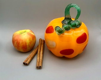 Taxicab Yellow Blown Glass Pumpkin with Red and Soft Pink Dots and Emerald Green Stem