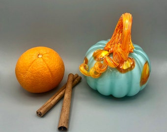 Celadon Blown Glass Pumpkin with Orange and Yellow Murrina & Stem