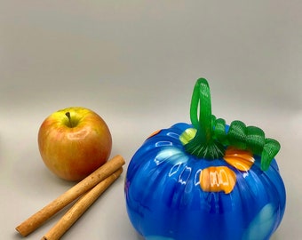 Marine Blue Blown Glass Pumpkin with Light Blue, Yellow, and Orange Polka Dots and Green Stem