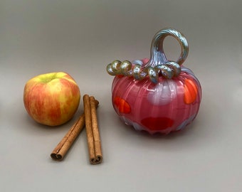 Magenta Blown Glass Pumpkin with Lavender and Red Dots and Silver Stem