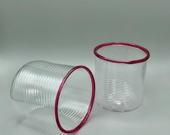 Pair of Hand Blown Twisty Glasses with Pink Rims