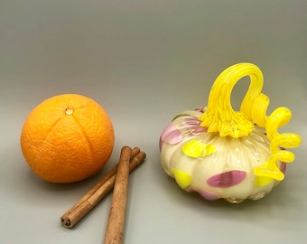 Light Beige Blown Glass Pumpkin with Pink and Yellow Dots and Yellow Stem