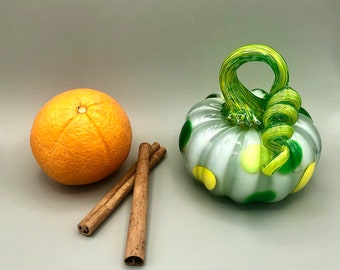 Granite Grey Blown Glass Pumpkin with Green & Yellow Dots and Stem