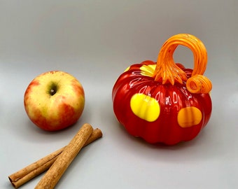 Lipstick Red Blown Glass Pumpkin with Canary Yellow and Bright Orange Polka Dots and Orange Stem