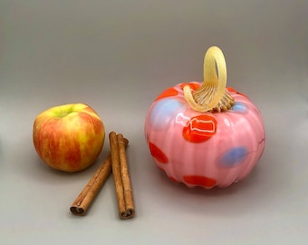 Pink Blown Glass Pumpkin with Lavender and Red Dots and Beige Stem