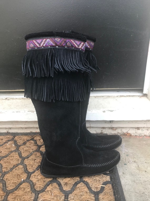 Vintage Black Minnetonka Fringe Boots