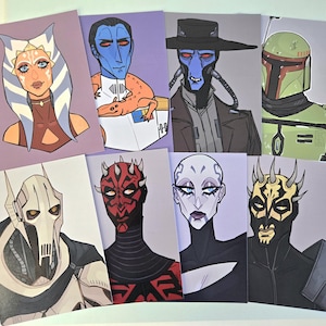 Puede incluir: Una colección de ocho impresiones artísticas que presentan retratos estilizados de personajes de una franquicia de ciencia ficción. Las impresiones muestran personajes con rasgos distintivos, incluyendo piel azul, cascos y cuernos, representados en colores vibrantes sobre varios tonos de fondo.