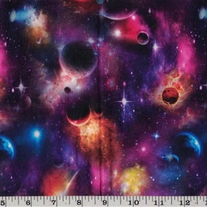 Coton matelassé - tissu galaxie, planètes et étoiles par mètre