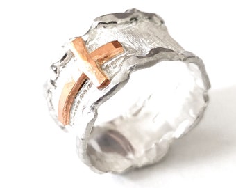 Silver ring with copper cross, handmade, forged and soldered. With personalized text inside.