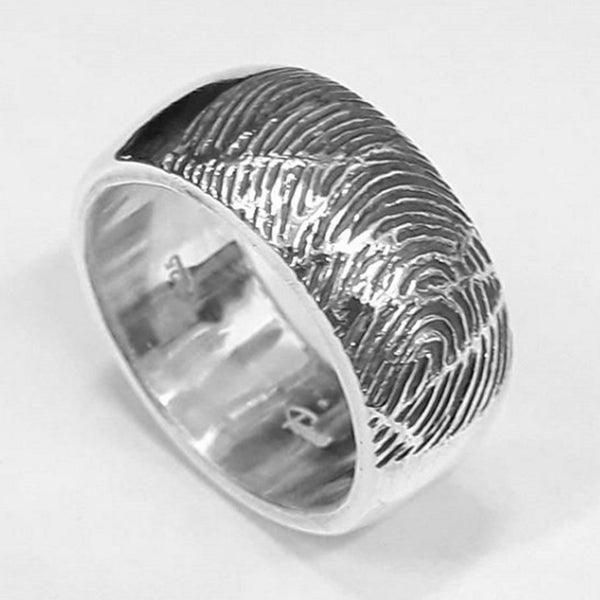 Personalized fingerprint Sterling Silver Ring, memorial ring. Thumbprint band ring with text in Sterling Silver