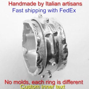 From our design, elegant and humble forged silver rotating rosary ring (spinner) with personalized text.