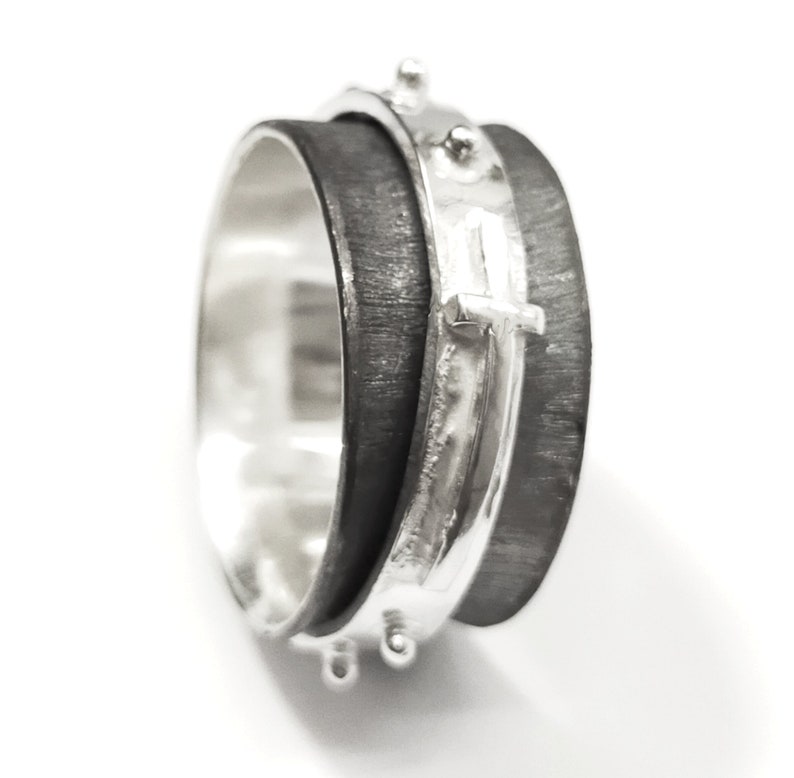 with internal text Silver rosary ring spinner blackened version handmade forged and soldered