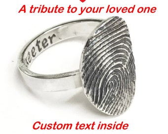 Gravierter benutzerdefinierter Fingerabdruck ovaler Silberring, Erinnerungsring. - Personalisierter Text - Verlobungsring - Fingerabdruckschmuck