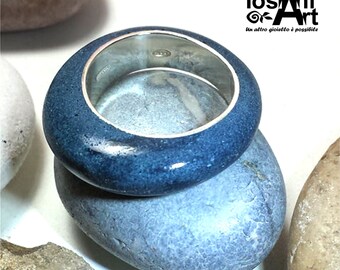 Silver 925 ring with pebble stone reconstituted grey-blue rock and personalized text