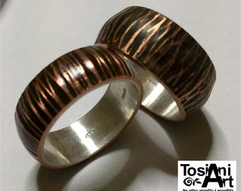 FREE SHIPPING: Personalized text engagement ring inside silver and outside copper, texture zebra.